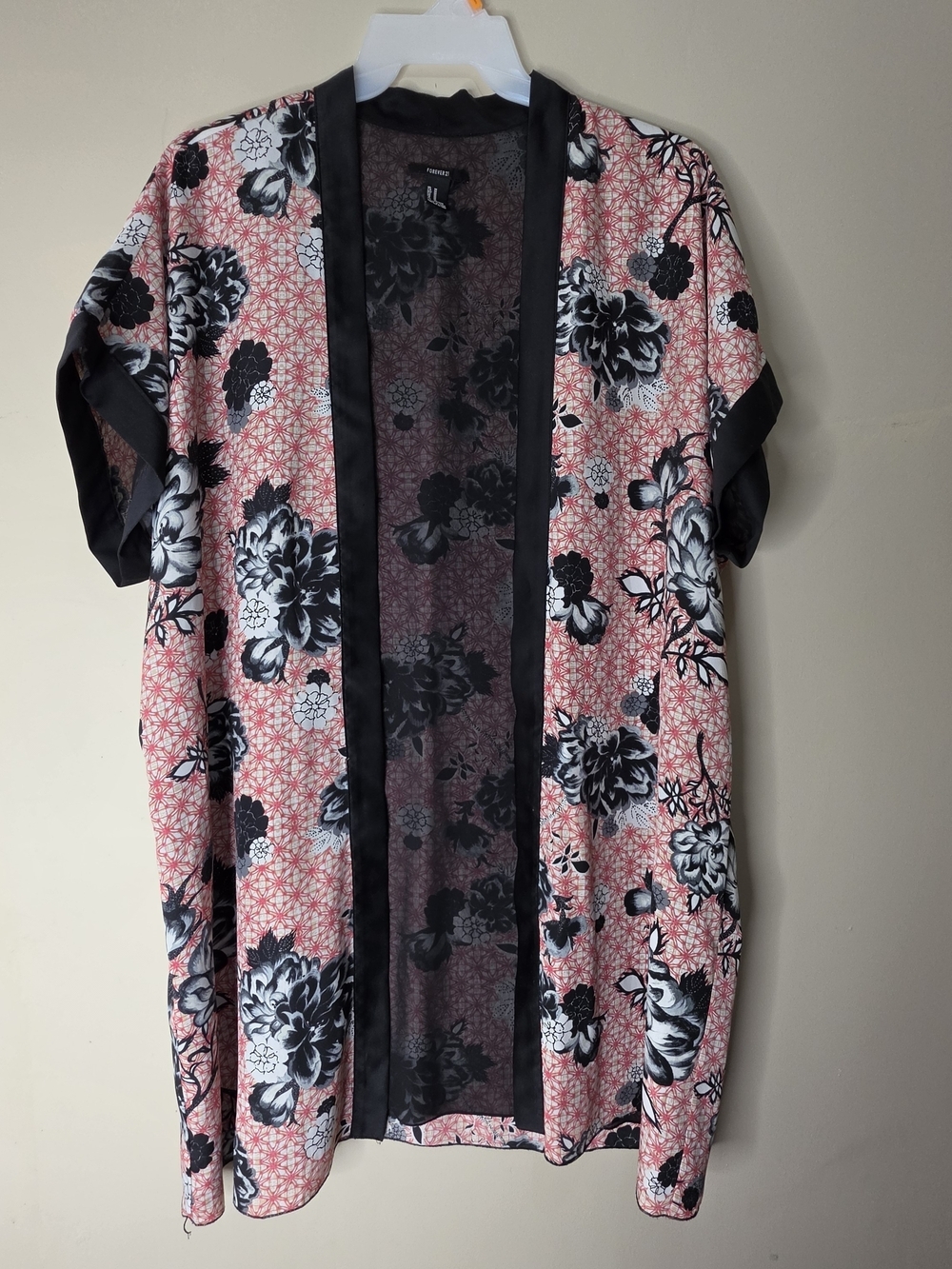 Forever 21 Floral Kimono Cardigan Womens M Black Red Sheer Open Front